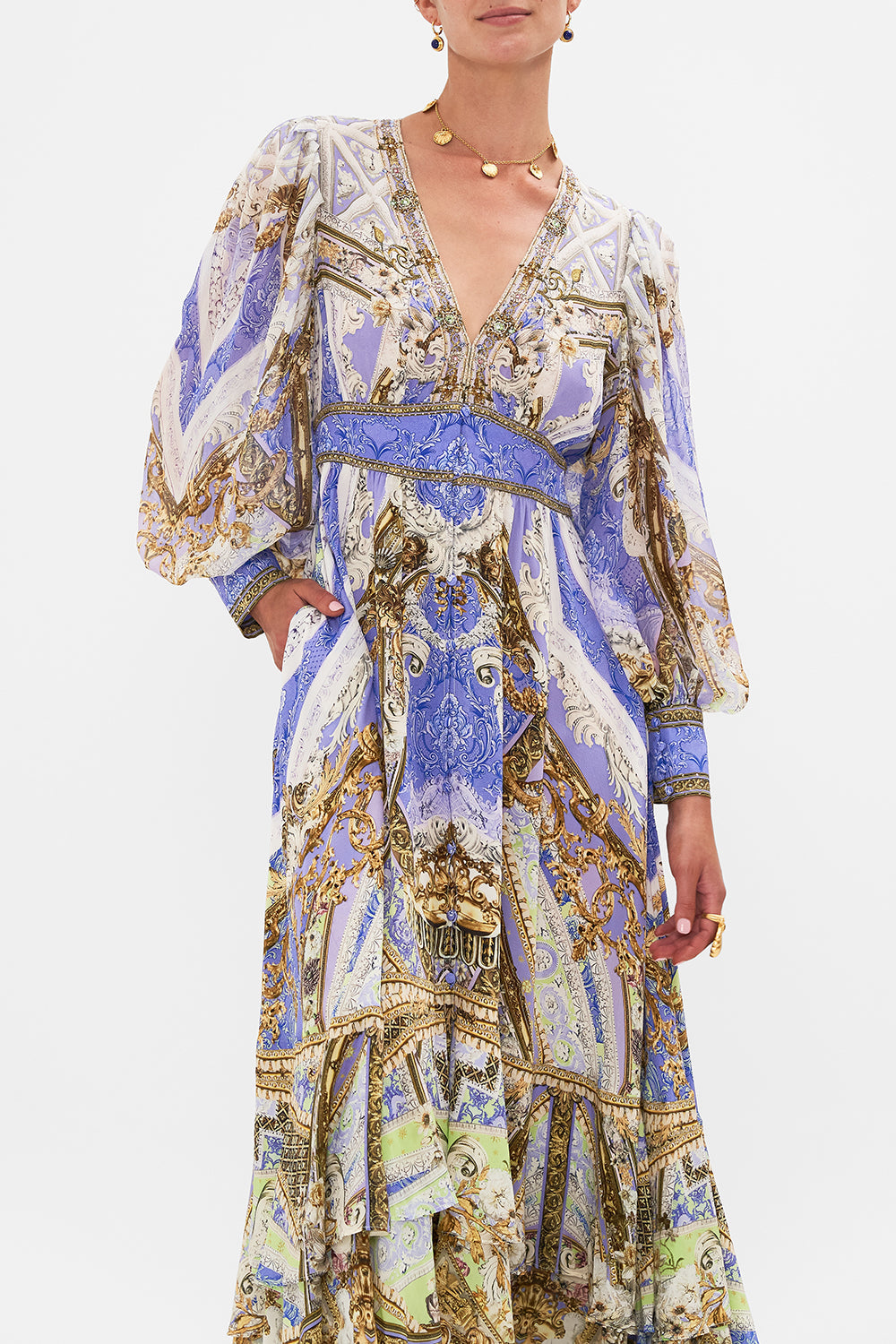 Crop view of model wearing CAMILLA silk maxi dress in Guilded Pleasures print