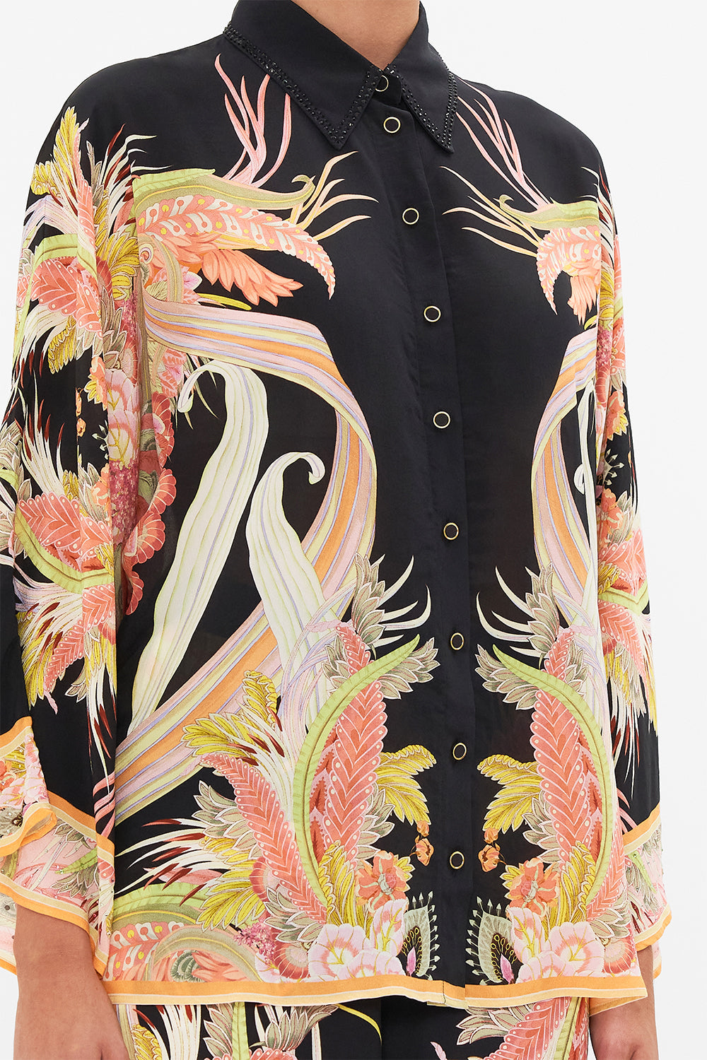 Detail view of model wearing CAMILLA silk blouse in Lady Of The Moon print