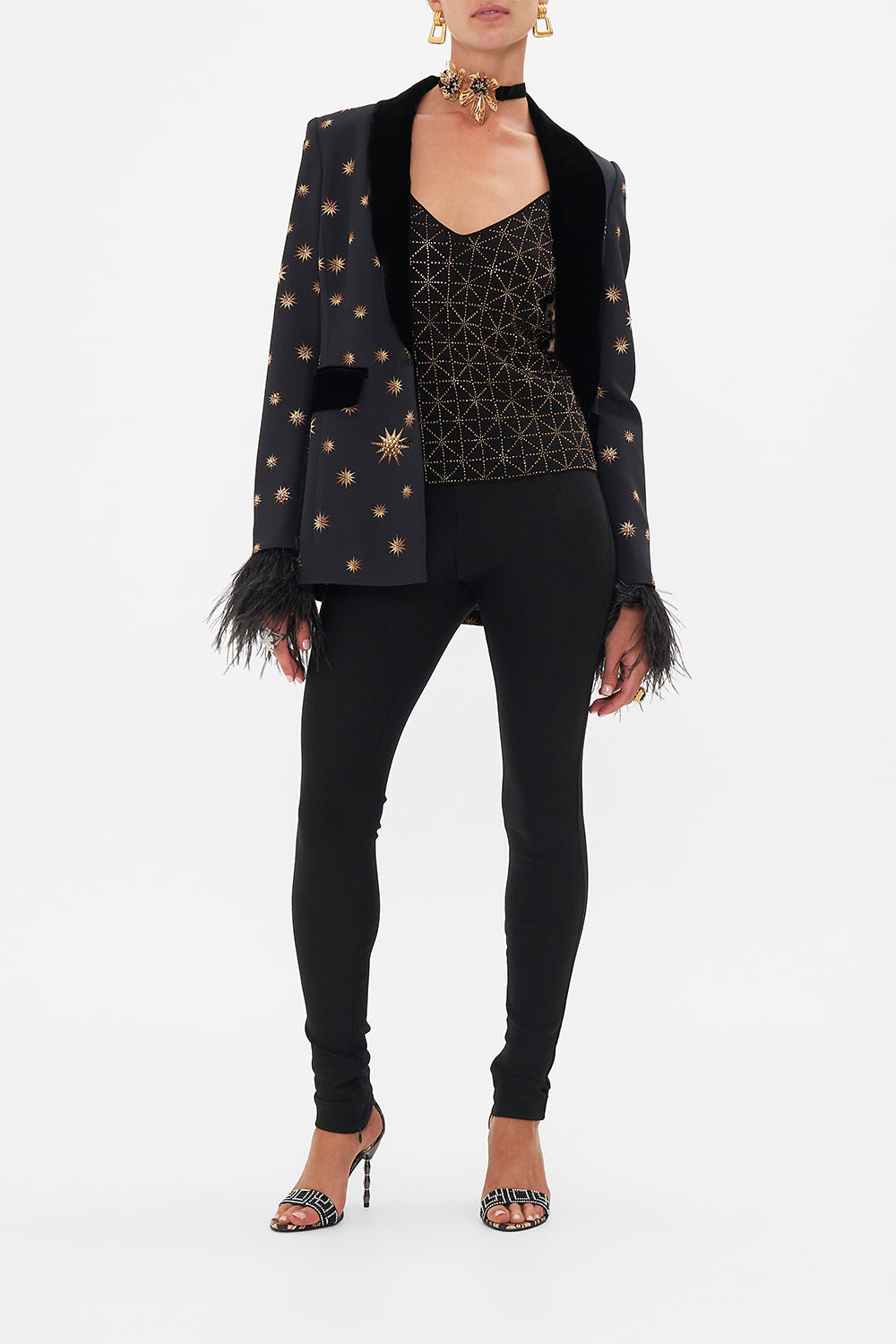 Crop view of model wearing CAMILLA cami in Soul of A Stargazer print