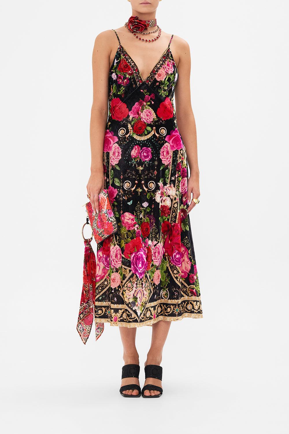 Front view of model wearing CAMILLA velvet slip dress in Reservation For Love