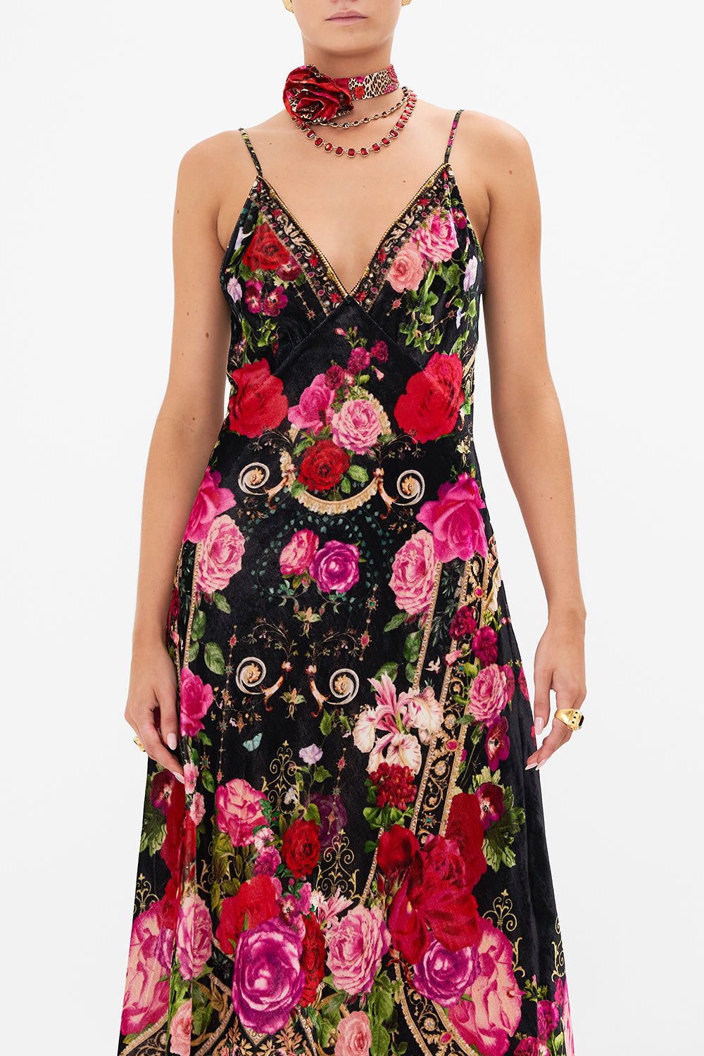 Detail view of model wearing CAMILLA velvet slip dress in Reservation For Love