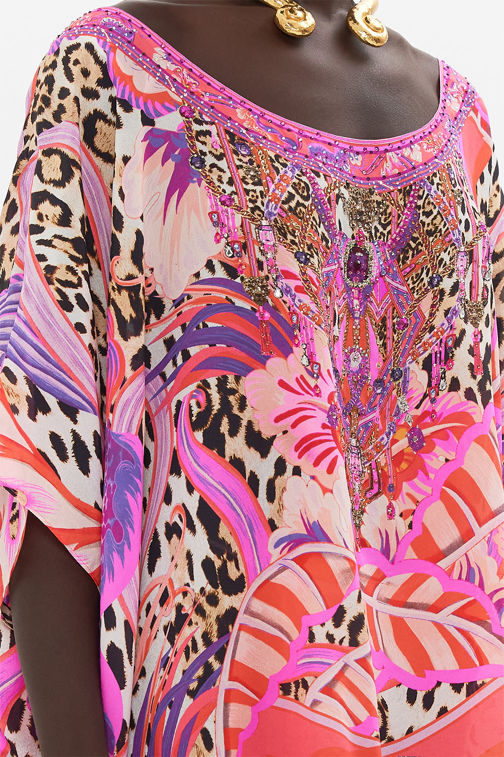 Detail view of model wearing CAMILLA purple silk kaftan in Viola Vintage print 