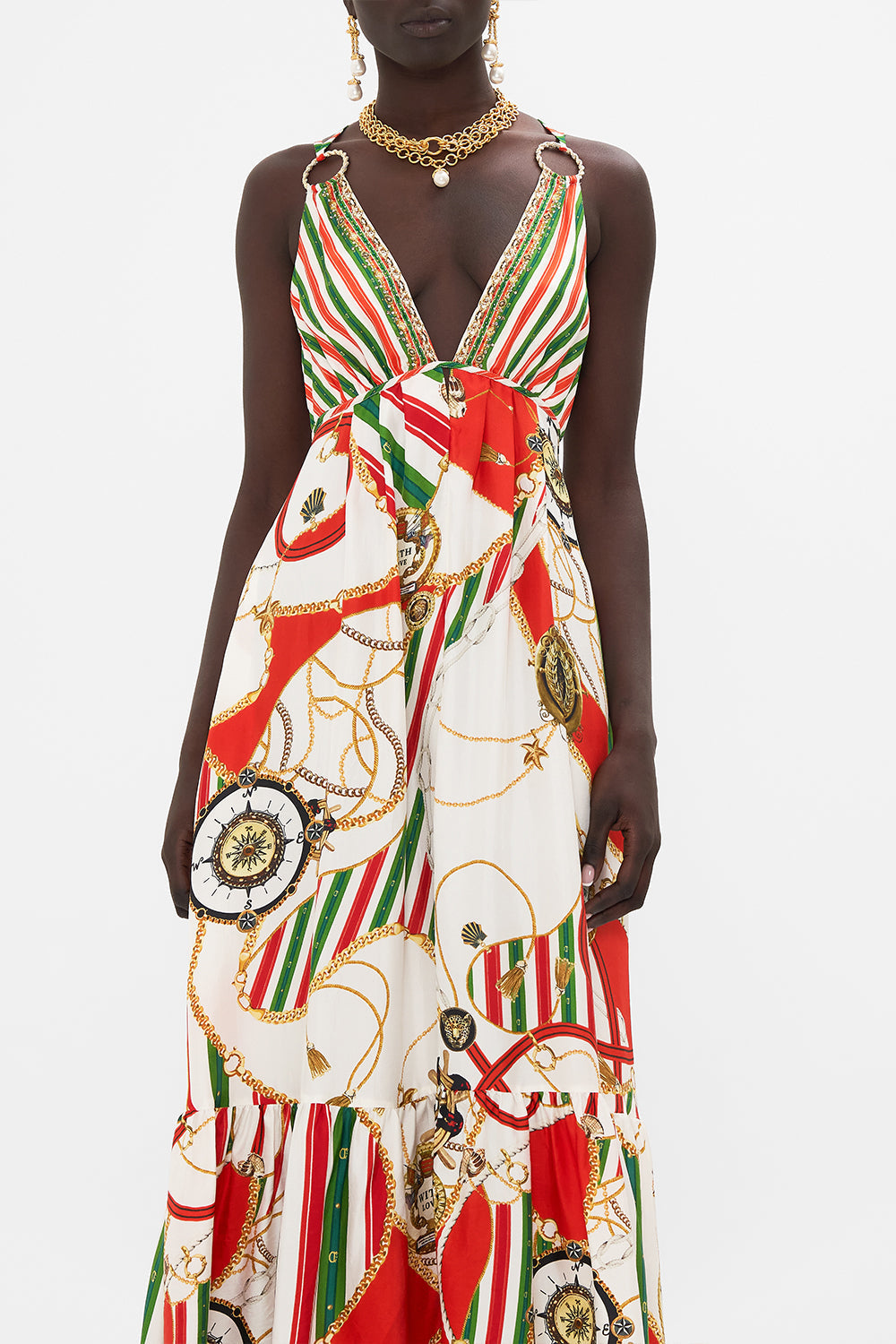 Detail  view of model wearing CAMILLA tiered dress in Saluti Summertime print 