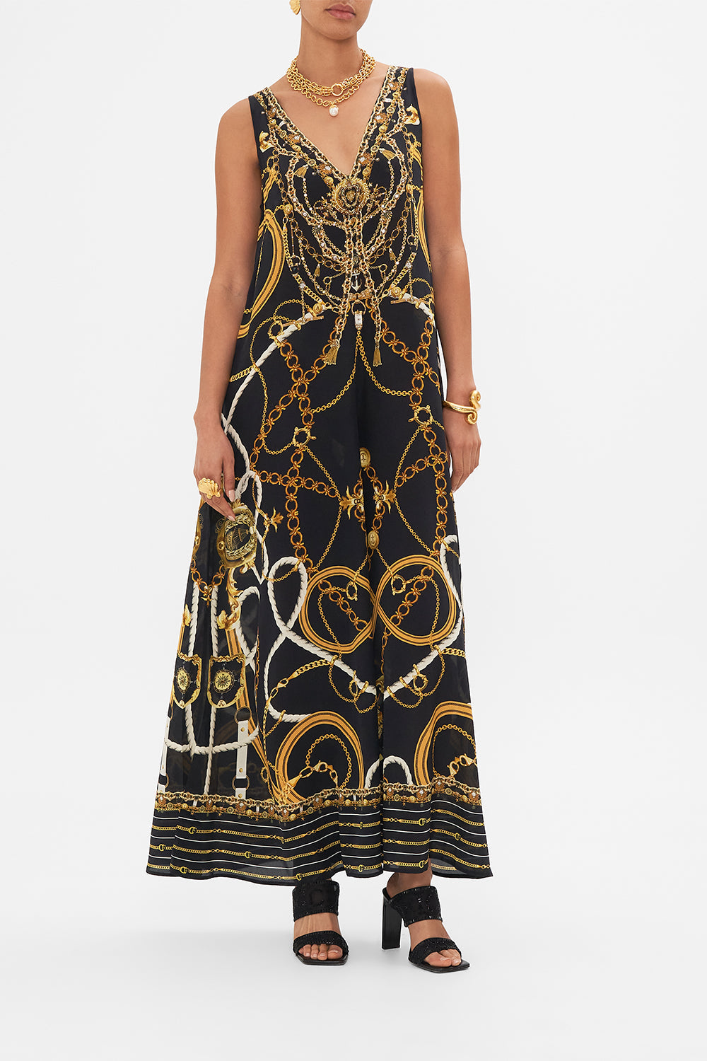 Front view of model wearing CAMILLA silk jumpsuit in Coast to Coast print