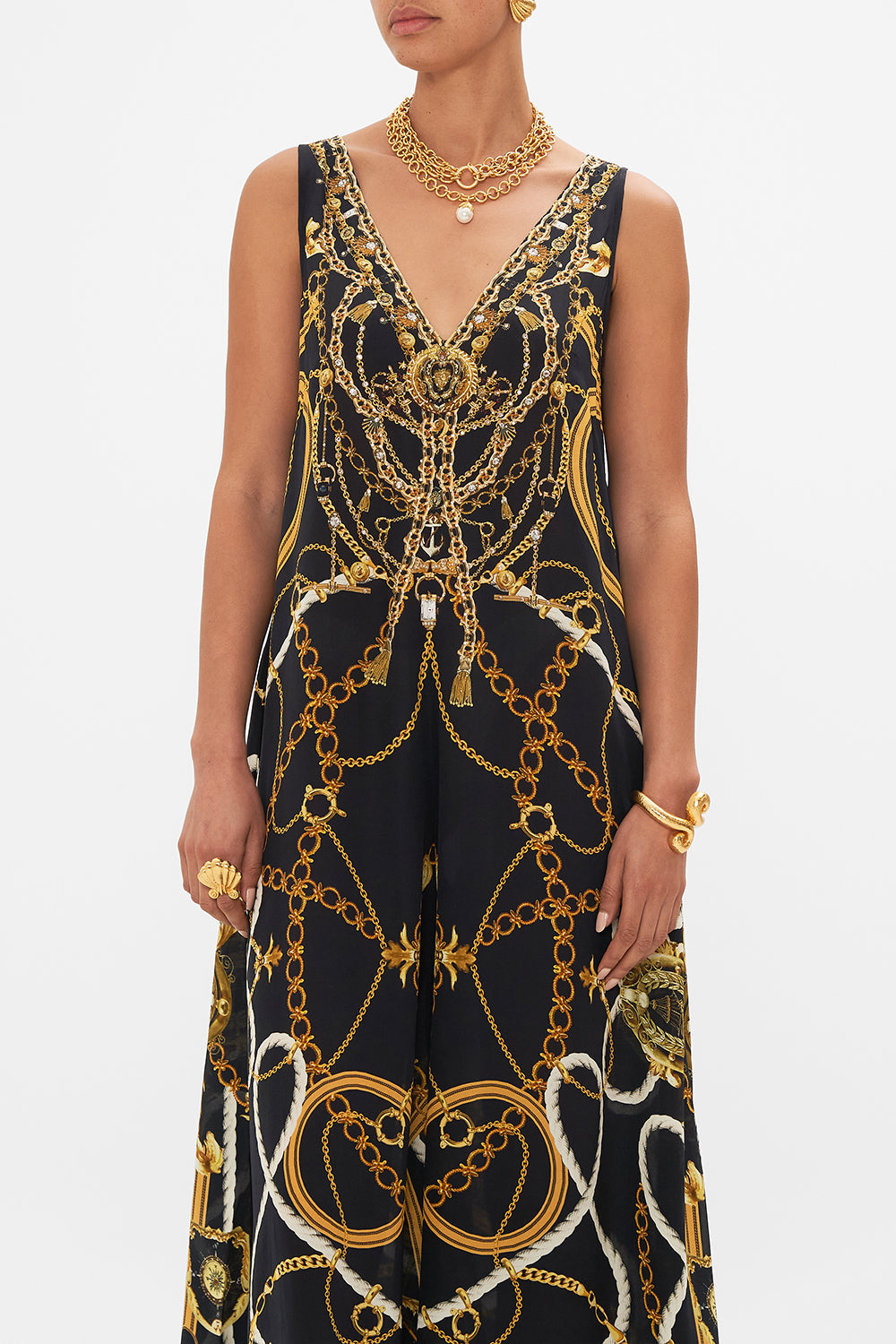 Crop view of model wearing CAMILLA silk jumpsuit in Coast to Coast print