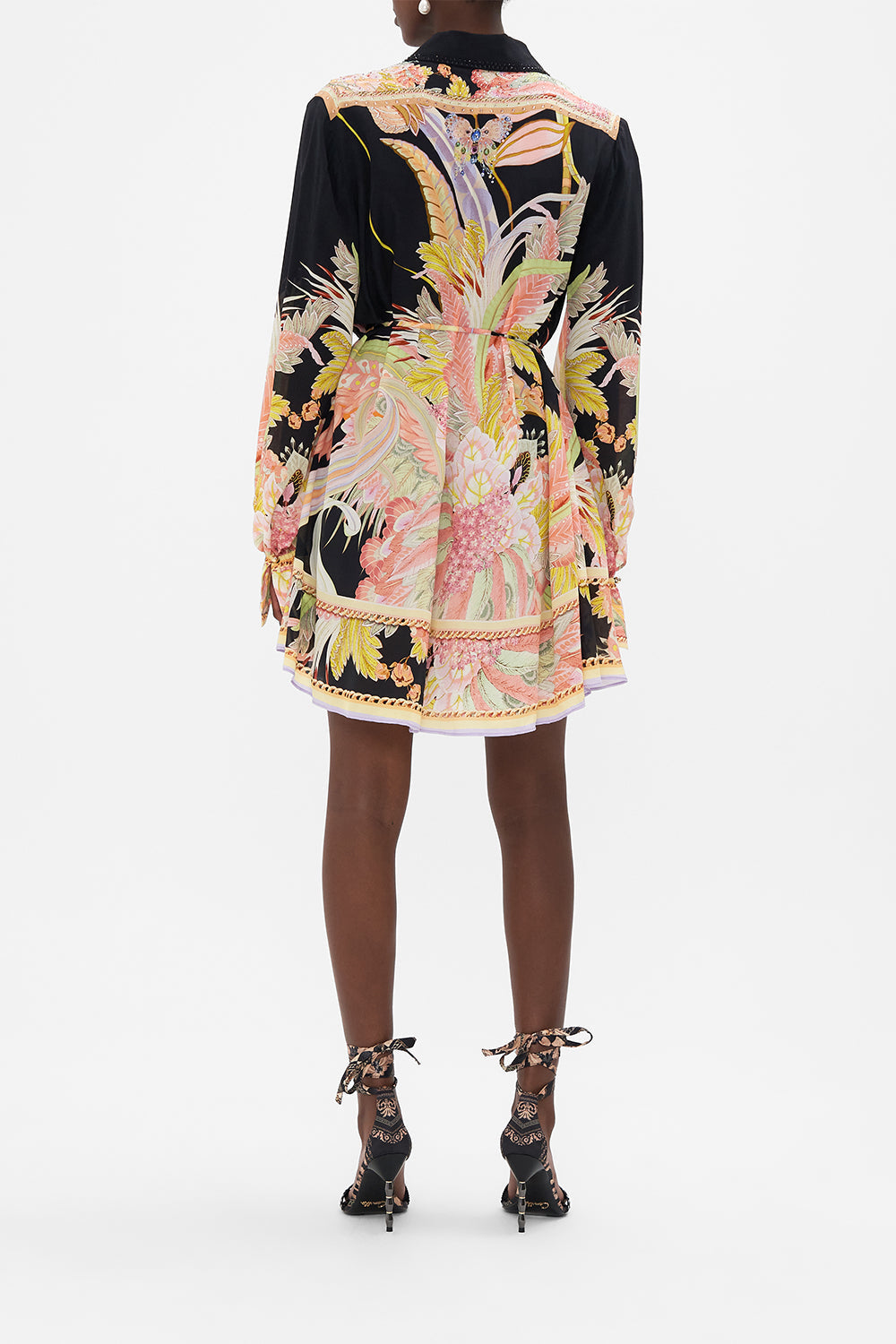 Back view of model wearing CAMILLA silk shirt dress Lady Of The Moon print