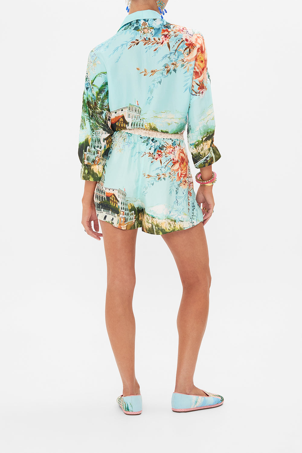 Back view of model wearing CAMILLA boxer shorts from From Sorrento With Love print 