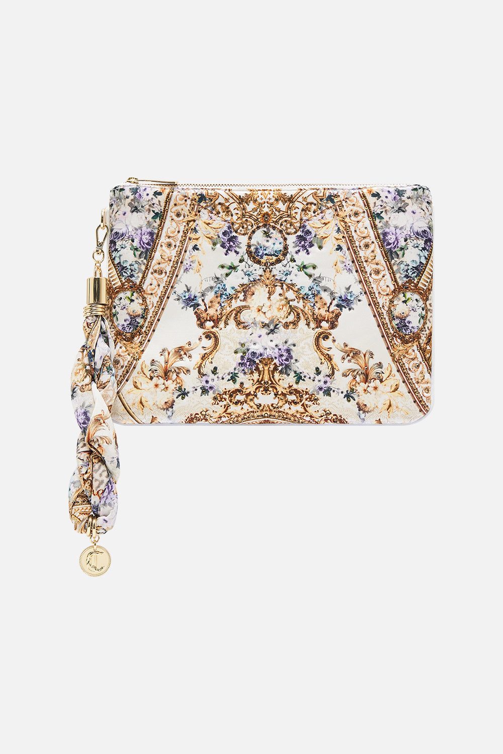 Product view of CAMILLA evening silk clutch bag in Palazzo playdate print  