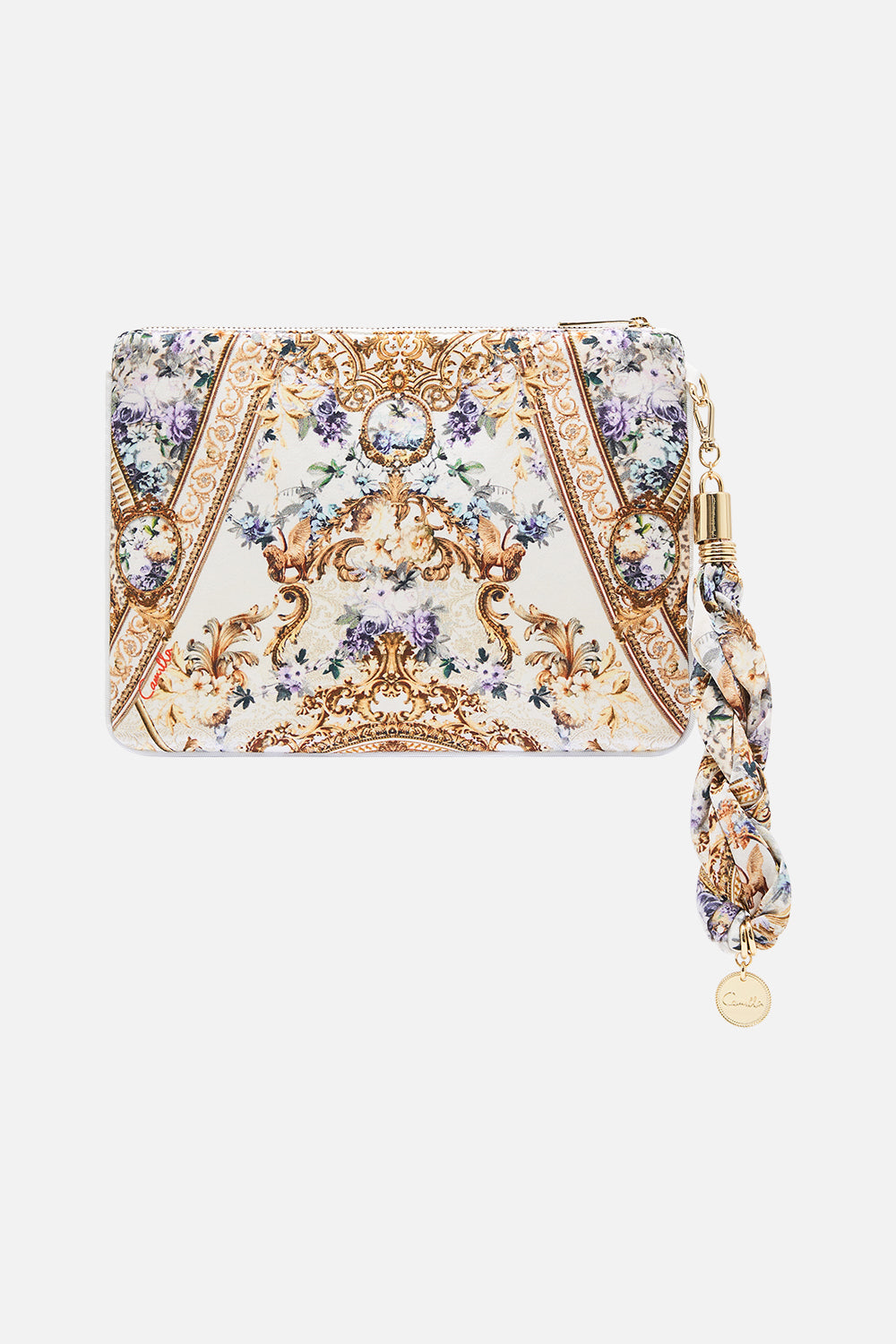 Product view of CAMILLA evening silk clutch bag in Palazzo playdate print  