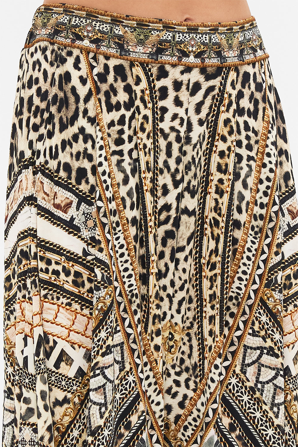 Detail view of model wearing CAMILLA luxury jersey pant in Mosaic Muse 