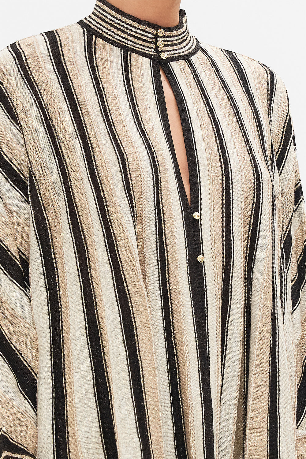 Detail view of model wearing CAMILLA luxury knit in Soul Of A Star Gazer print