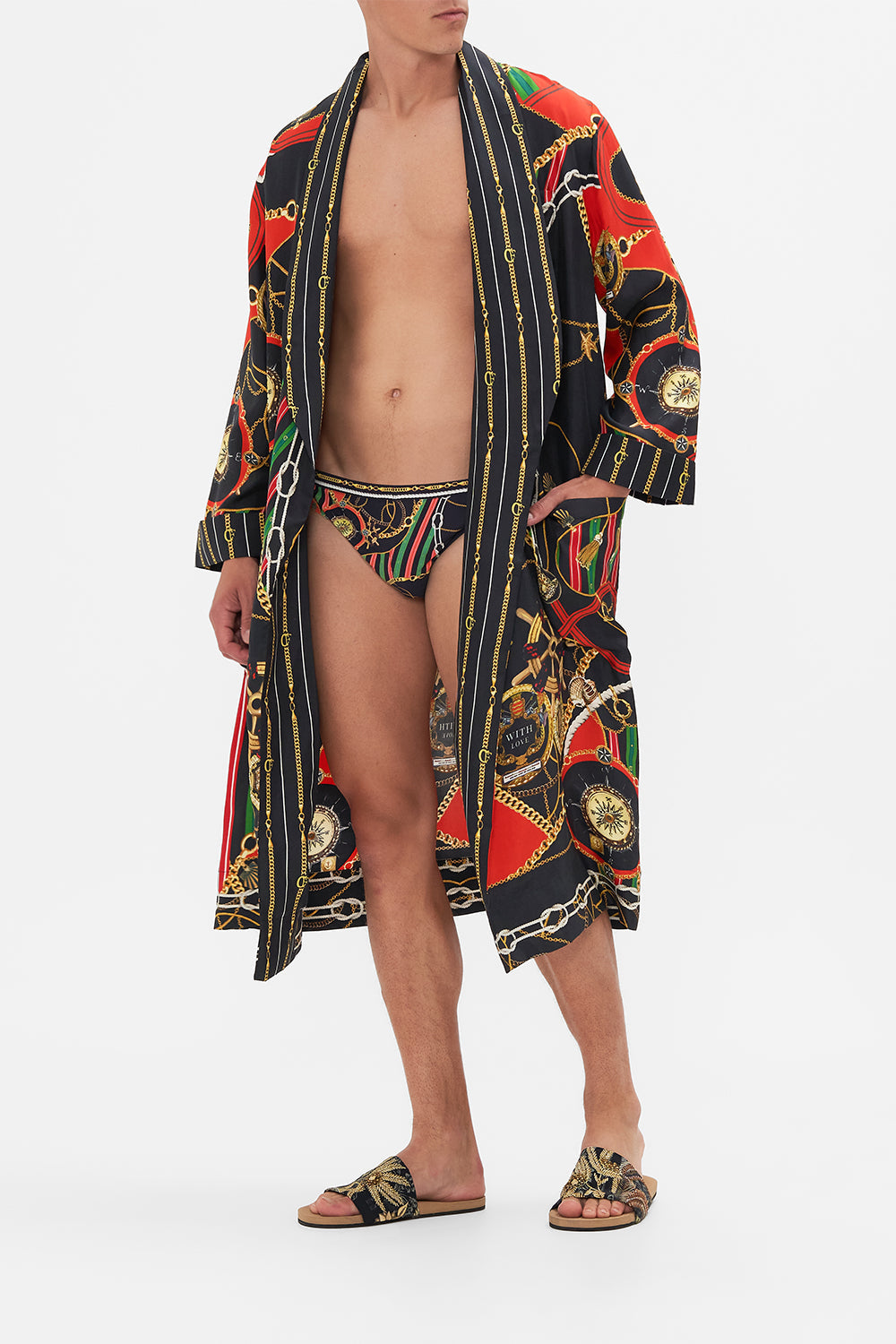 The CAMILLA PLUNGE NECK HALTER ONE PIECE FLOWERS OF NEPTUNE in our  print.