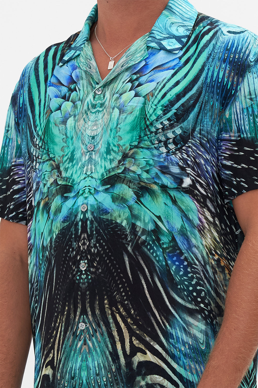 Style view of  model wearing Hotel Franks By CAMILLA mens short sleeve camp collared shirt in Azure Allure