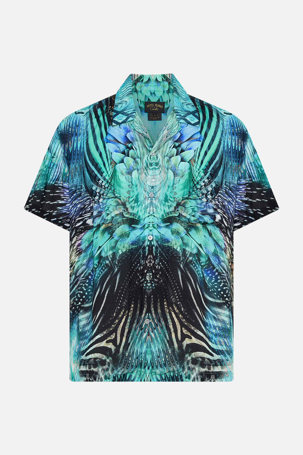 Product view of Hotel Franks By CAMILLA mens short sleeve camp collared shirt in Azure Allure