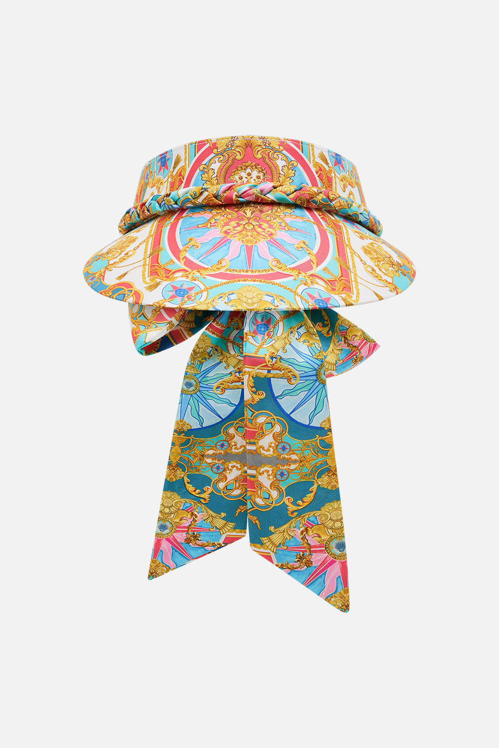 Product view of CAMILLA flora visor hat in Renaissance Romance print 