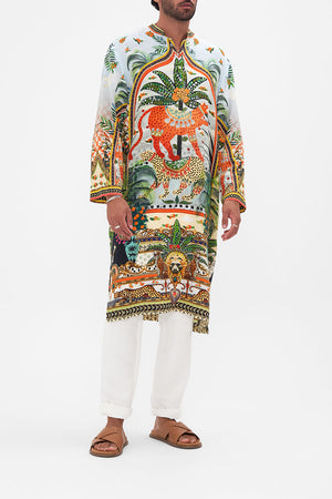 Front view of model wearing HOTEL FRANKS BY CAMILLA mens kaftan in Alessandro's Atlantis print