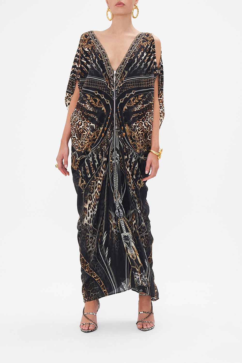 Front view of model wearing CAMILLA silk maxi dress Chaos In The Cosmos animal print
