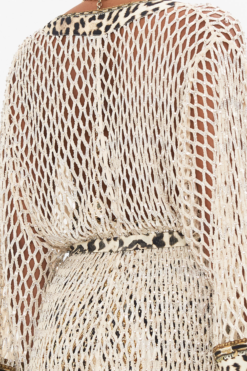 Detail view of model wearing CAMILA silk kimono in Mosaic Muse print