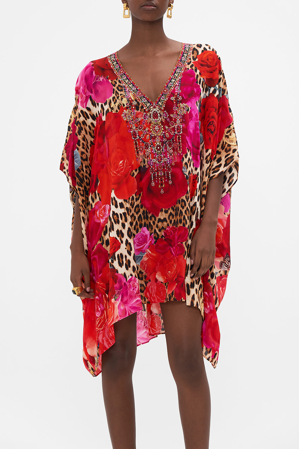 Crop view of model wearing CAMILLA floral silk kaftan in Heart Like A Wildflower print 