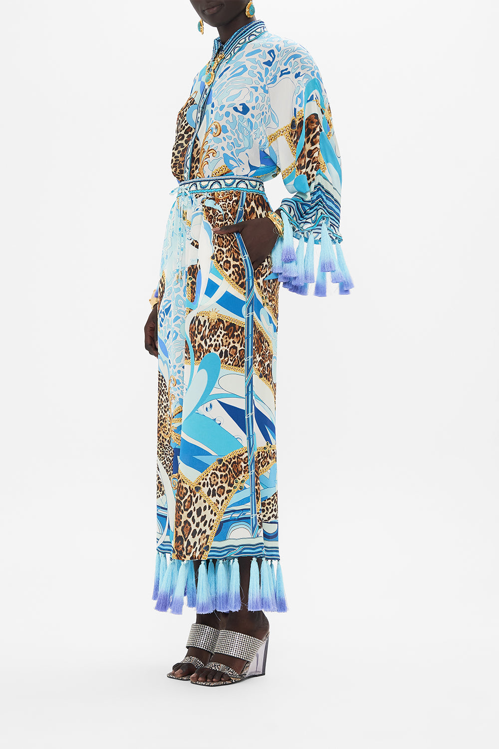 CROPPED LOUNGE PANT WITH OMBRE SILK TASSELS SKY CHEETAH