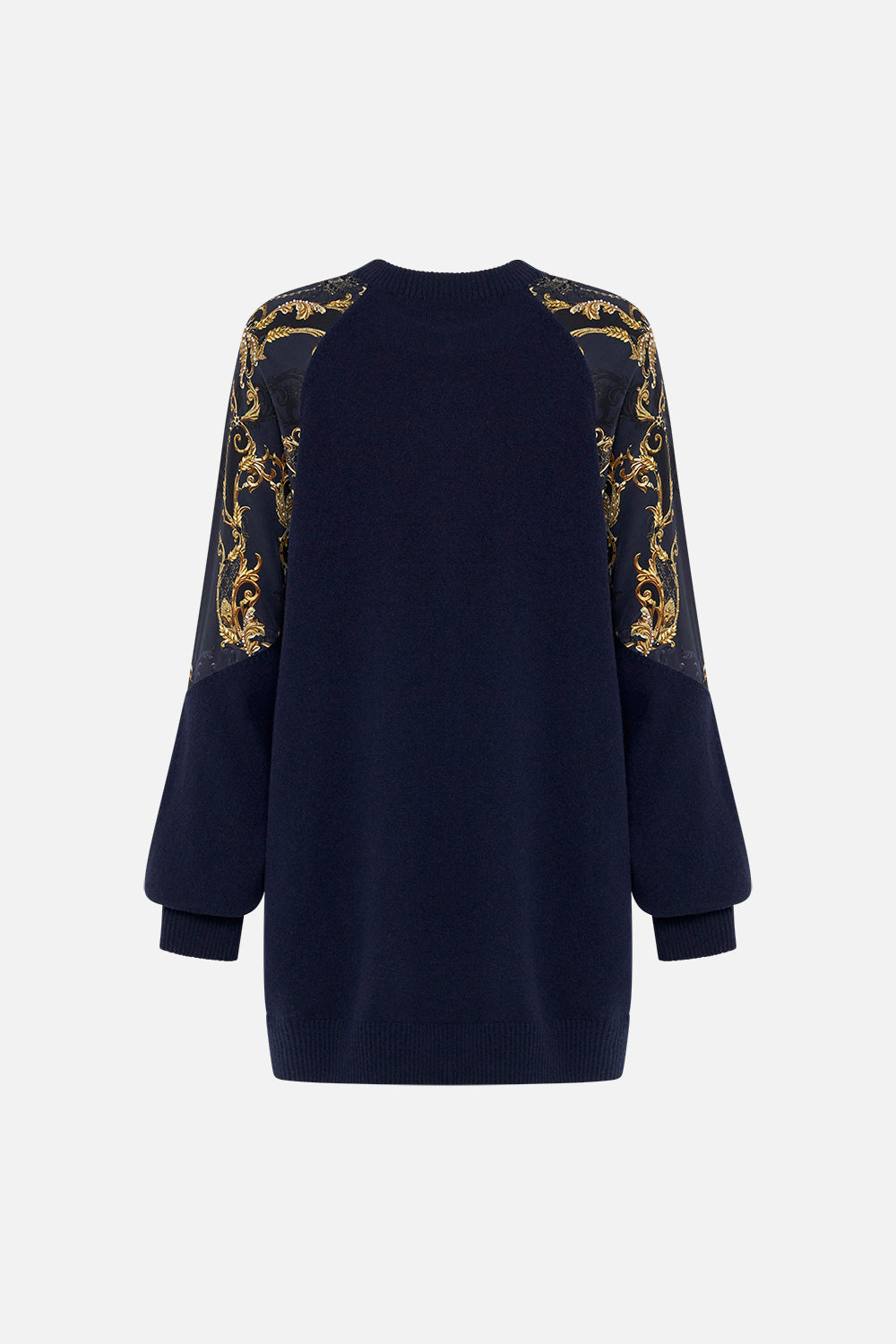 Back product view of CAMILLA navy knit jumper in Moonlight Melodies print
