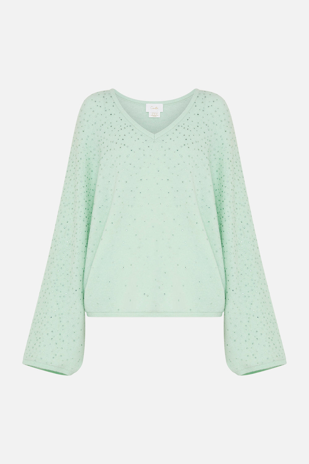 Front product view of CAMILLA v neck knit jumper in mint 