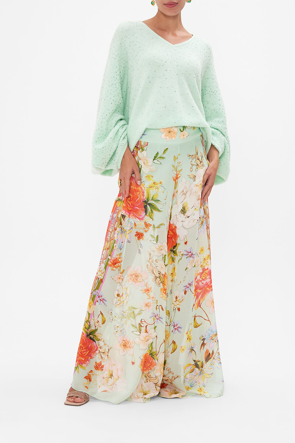 Front view of model wearing CAMILLA v neck knit jumper in mint 