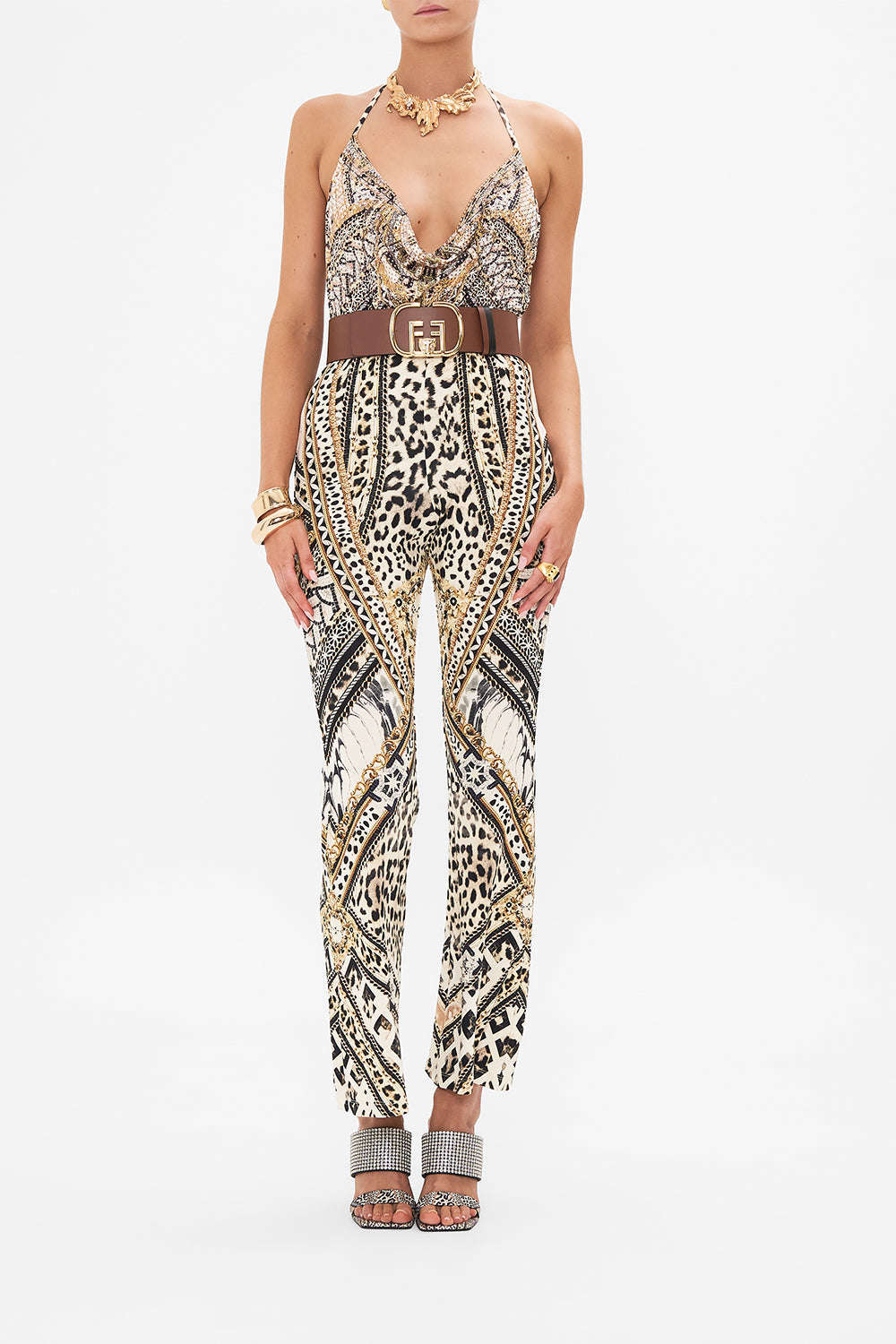 Style view of model wearing CAMILLA animal print bodysuit in Mosaic Muse