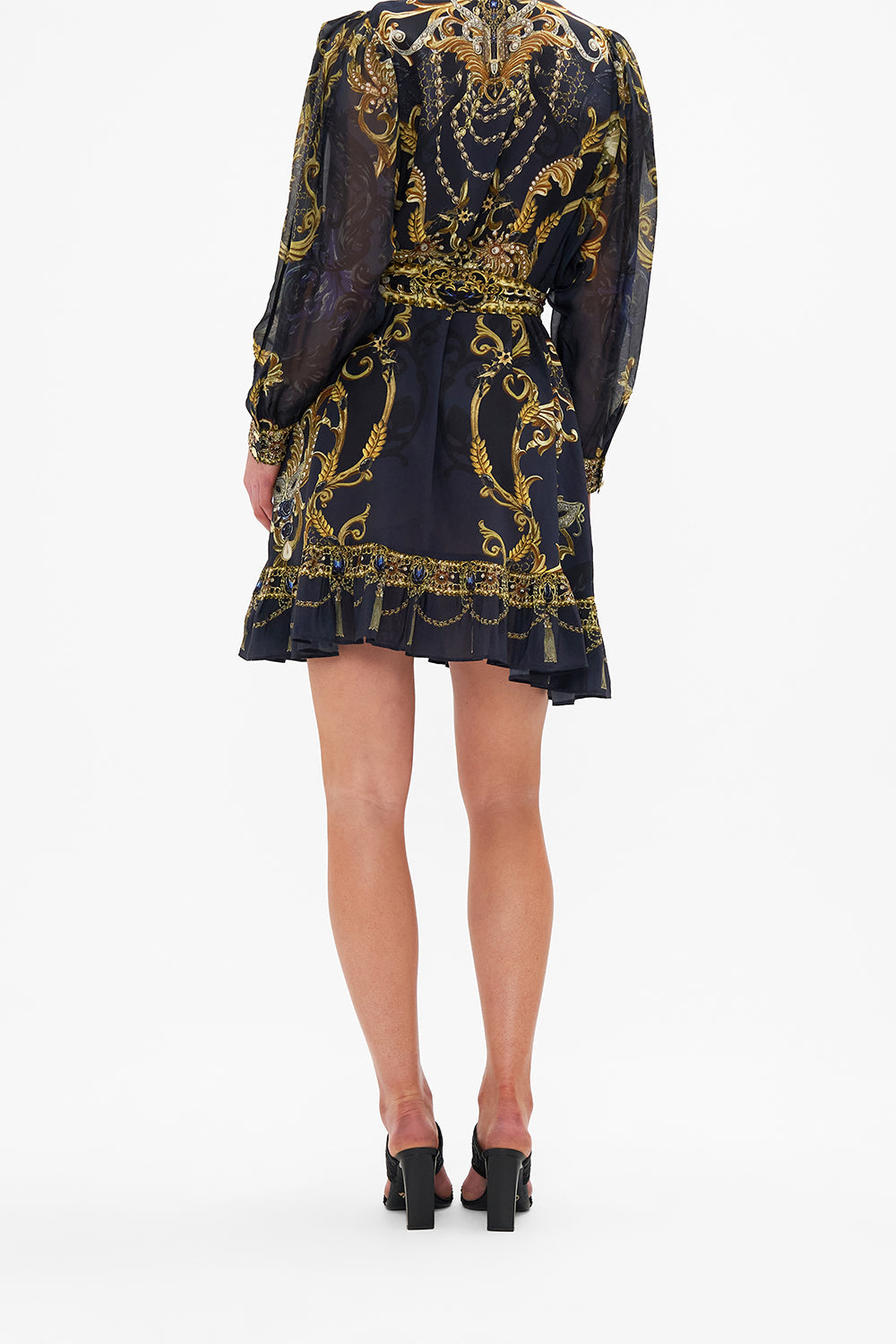 Back view of model wearing CAMILLA silk shirt in Moonlight Melodies print