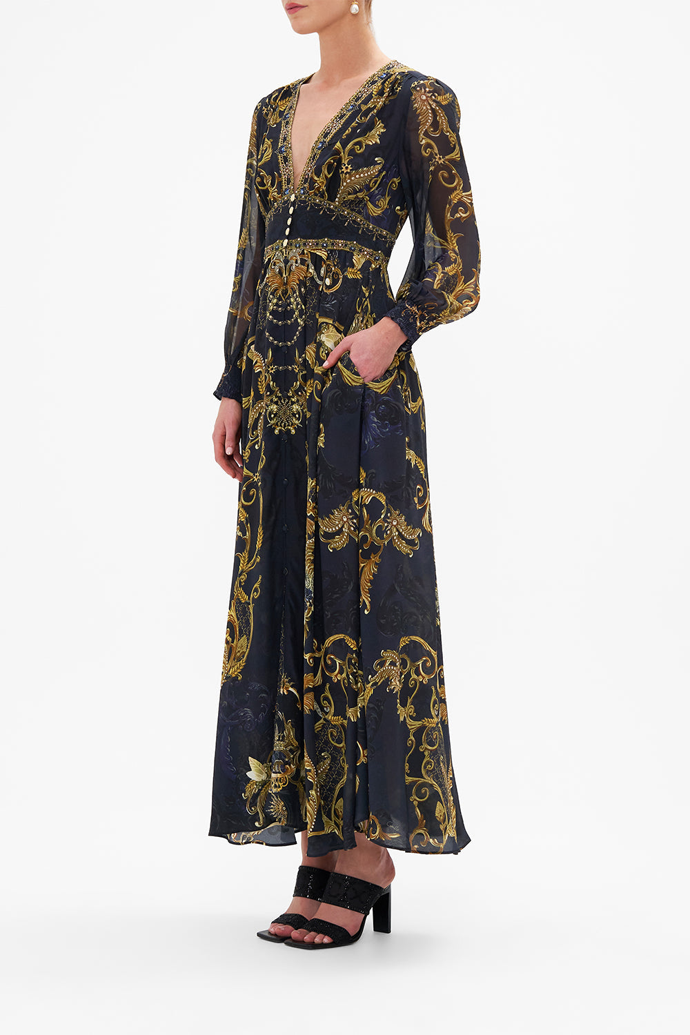 Side view of model wearing CAMILLA silk maxi dress in Moonlight Melodies print