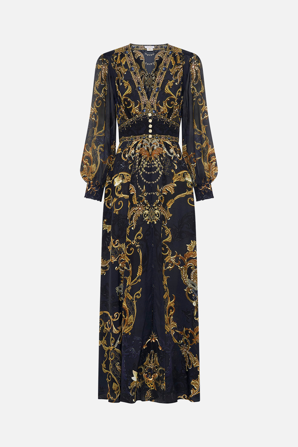 Front product view of CAMILLA silk maxi dress in Moonlight Melodies print