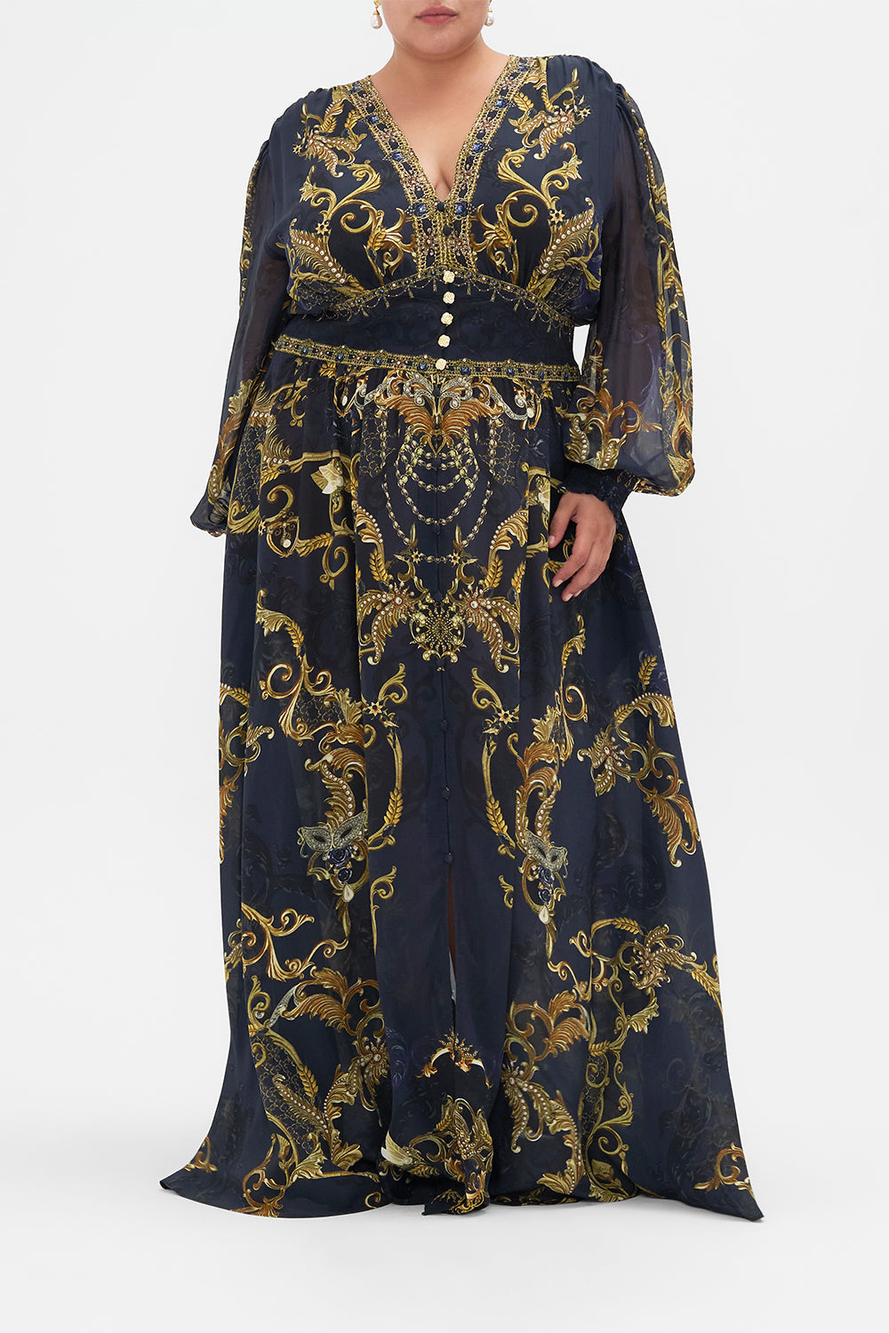 Front view of curvy model wearing CAMILLA plus size silk maxi dress in Moonlight Melodies print 