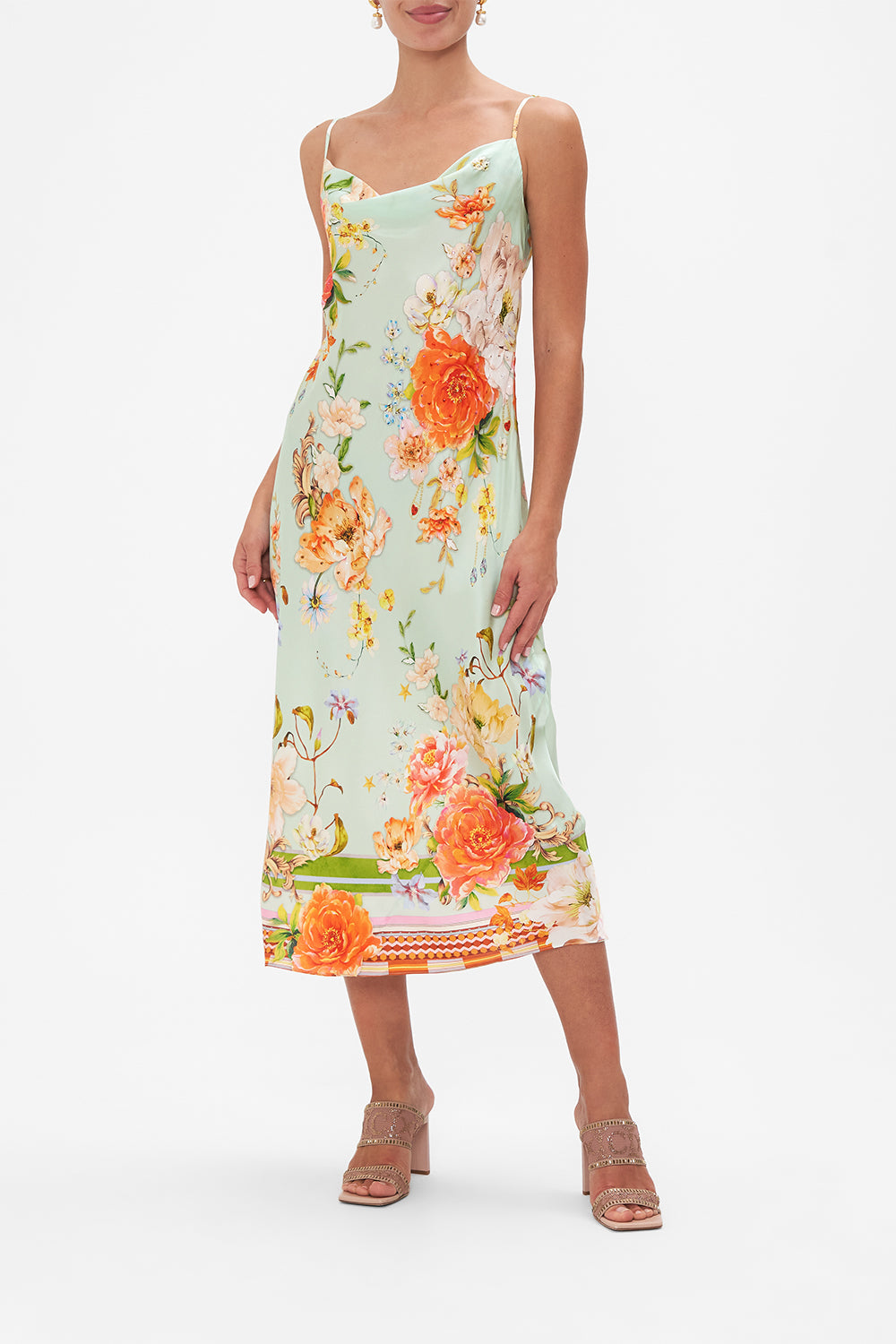 Front view of model wearing CAMILLA silk slip dress in Talk The Walk print