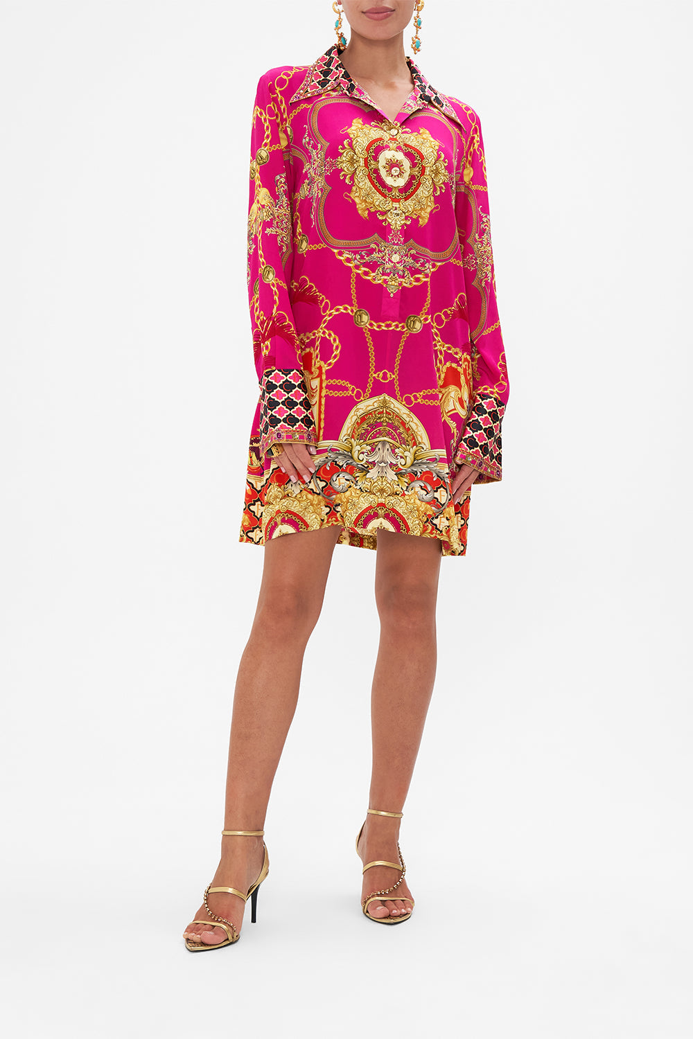 Front view of model wearing CAMILLA silk mini shirt dress in Wild And Running print