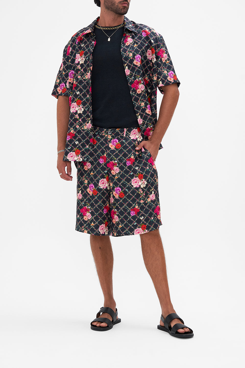 Front view of model wearing Hotel Franks By CAMILLA mens walkshort in Reservation For Love print 