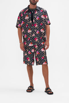 Front view of model wearing CAMILLA silk short sleeve shirt in Reservation For Love print 