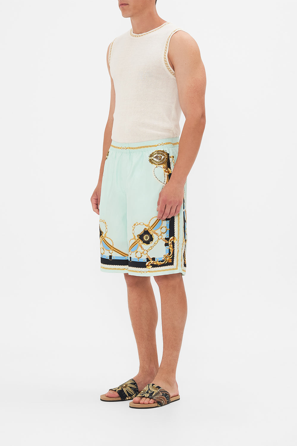 The CAMILLA SHAPED WAISTBAND DRESS WITH GATHERED SLEEVES LADY OF THE MOON in our  print.