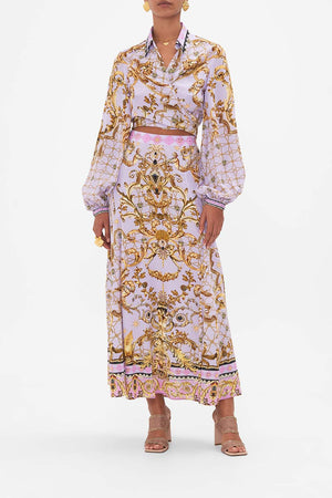Front view of model wearing CAMILLA flowy silk maxi skirt in Lavender Ever After print
