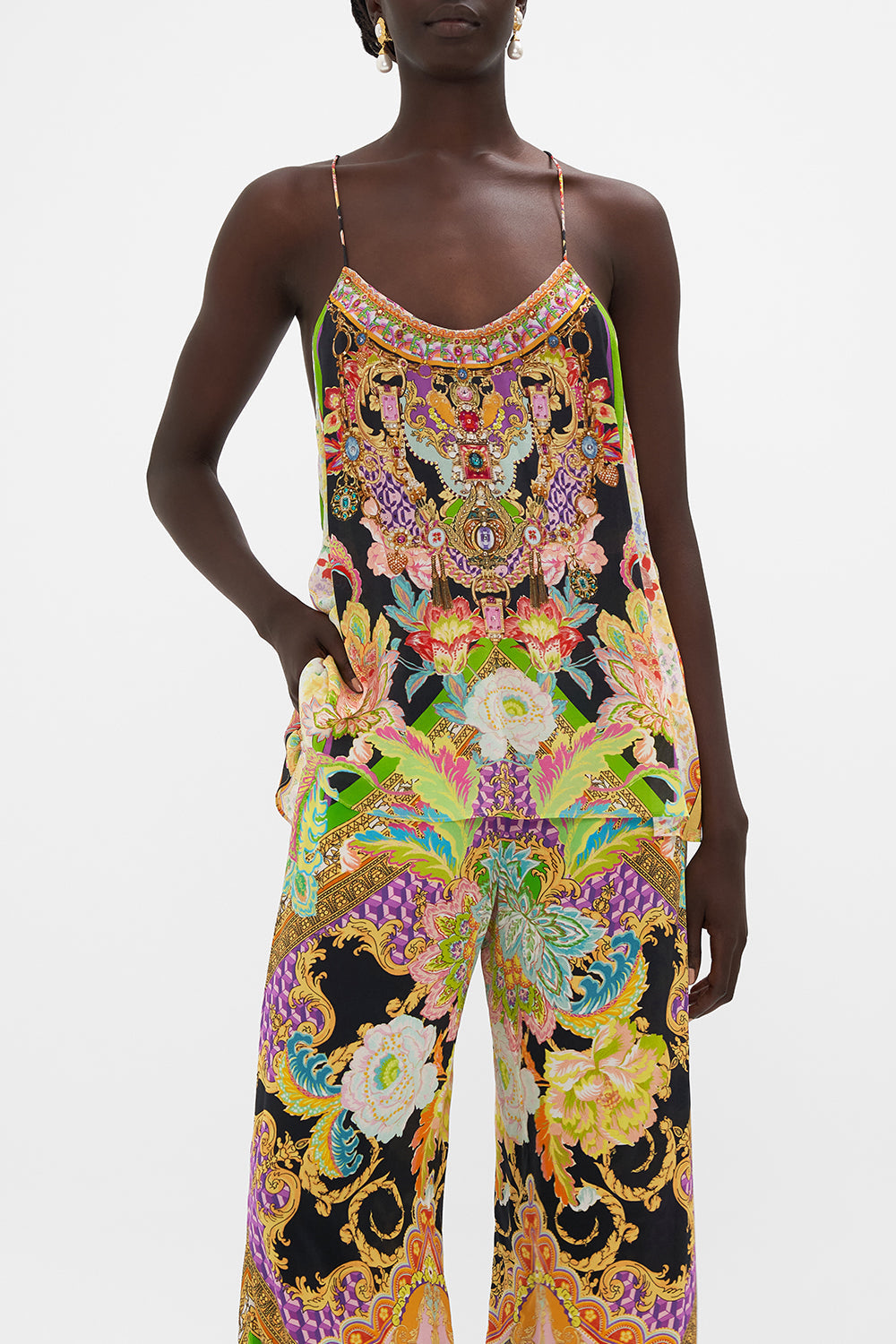 Crop view of model wearing CAMILLA silk top in Sundowners in Sicily print 