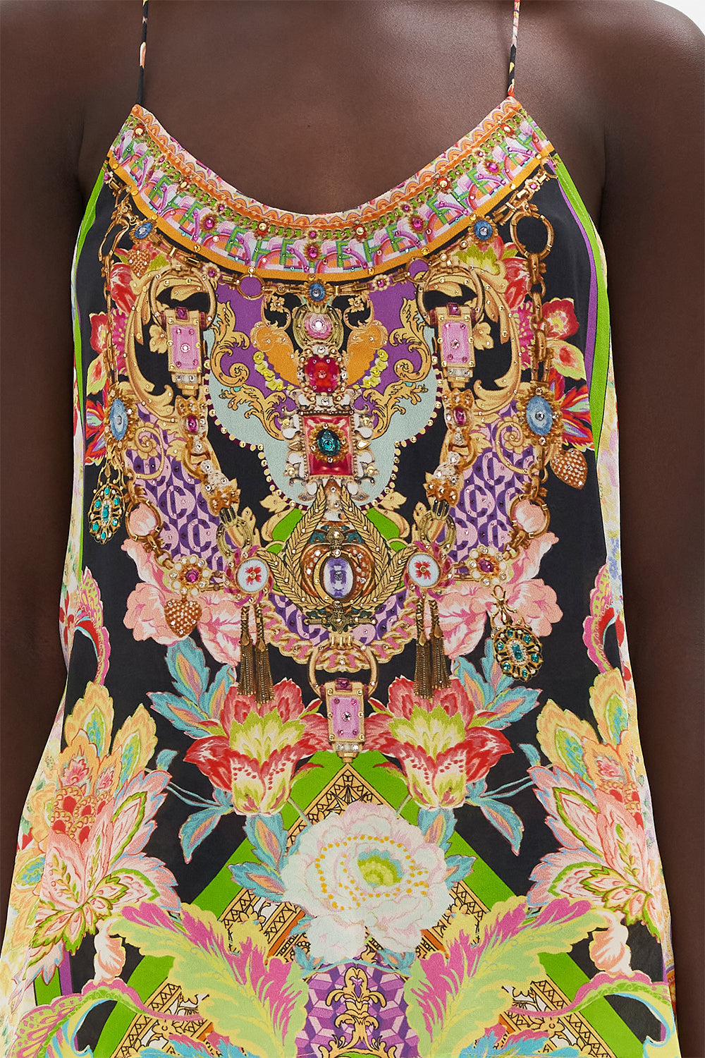 Detail view of model wearing CAMILLA silk top in Sundowners in Sicily print 