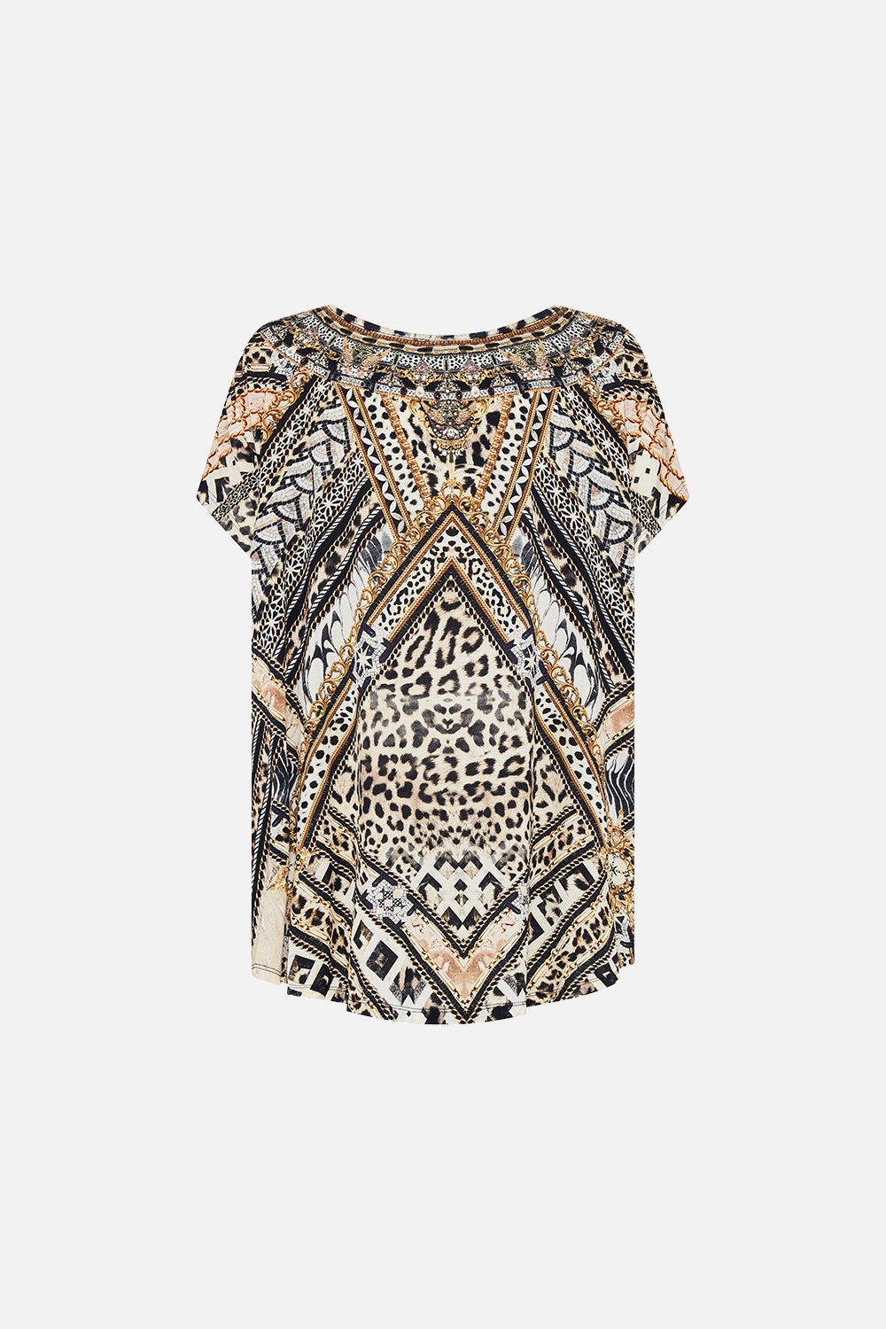 Style view of model wearing CAMILLA animal print tee in Mosaic Muse