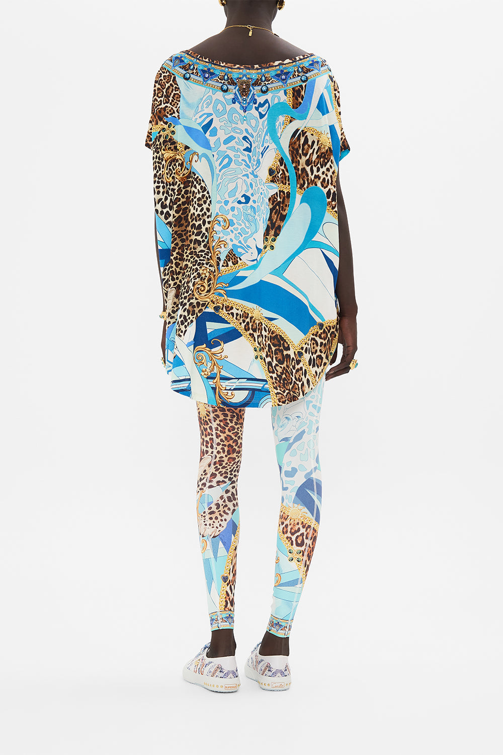 Back view of model wearing CAMILLA designer t shirt in Sky Cheetah print 