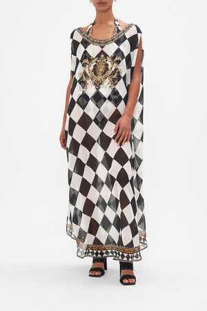 Front view of model wearing CAMILLA black and white silk kaftan in Duomo Dynasty print