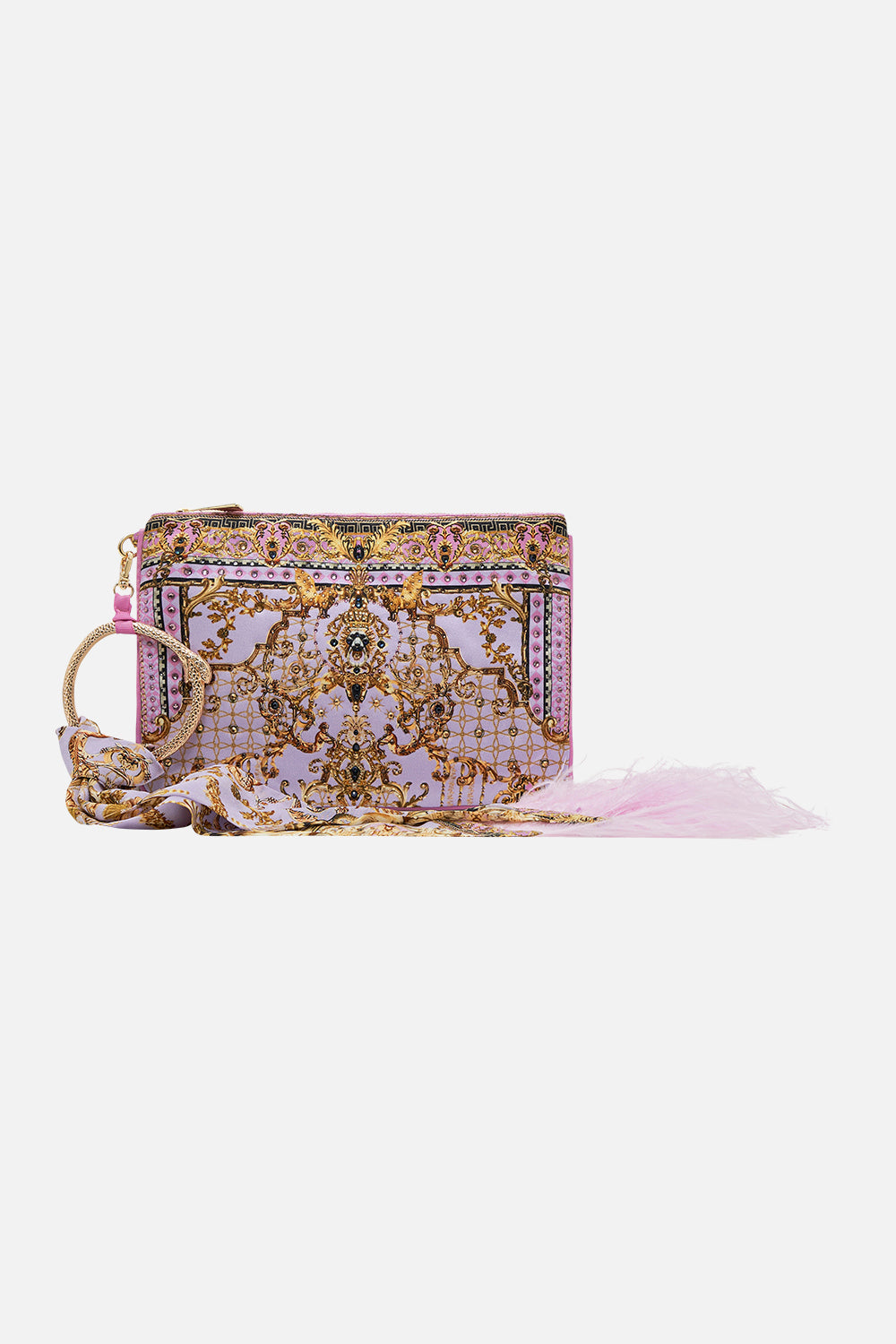 Product view of CAMILLA printed silk clutch in Lavender Ever After  print
