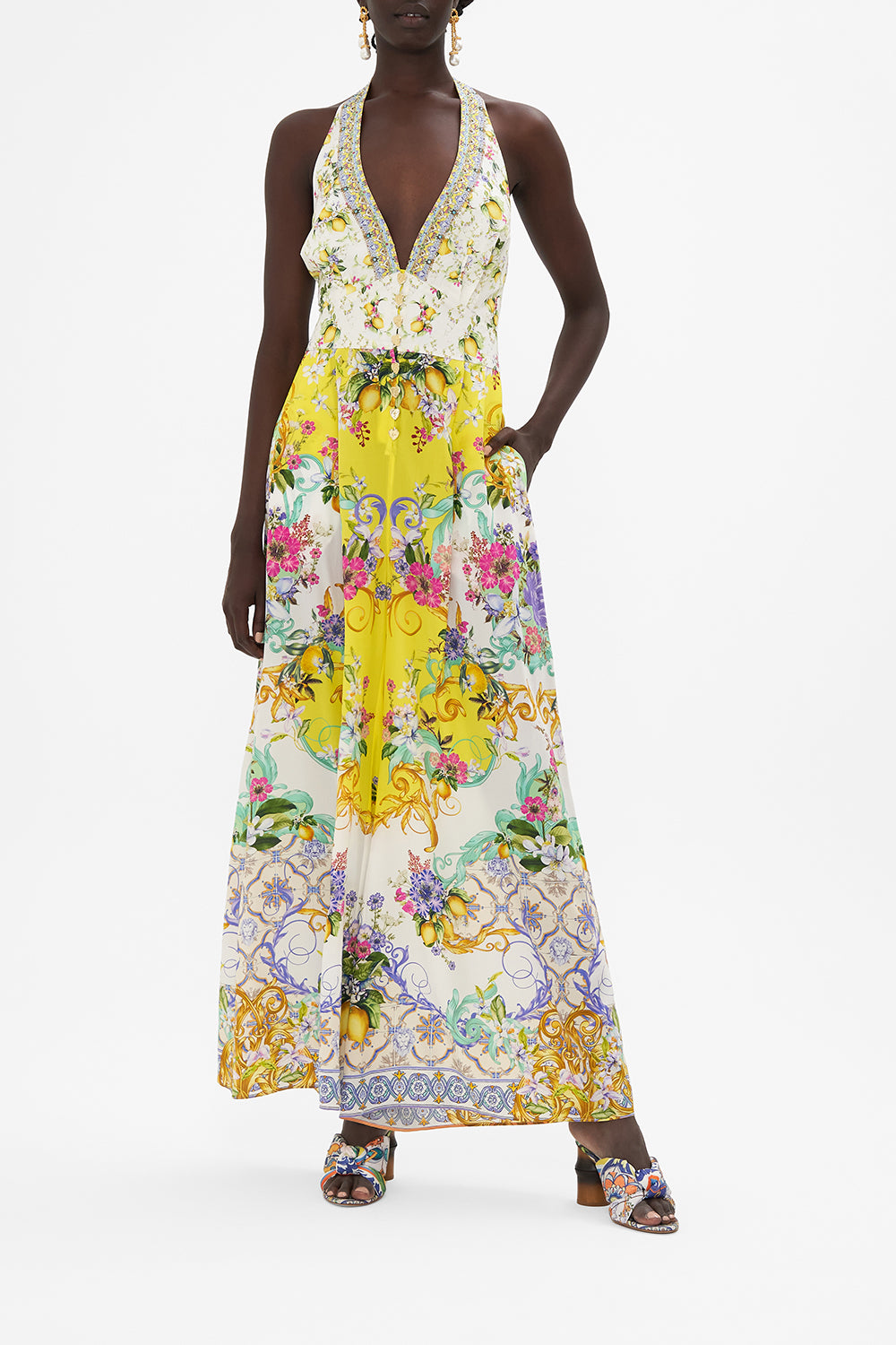 Front view of model wearing CAMILLA silk jumpsuit with tie neck in Caterina Spritz print