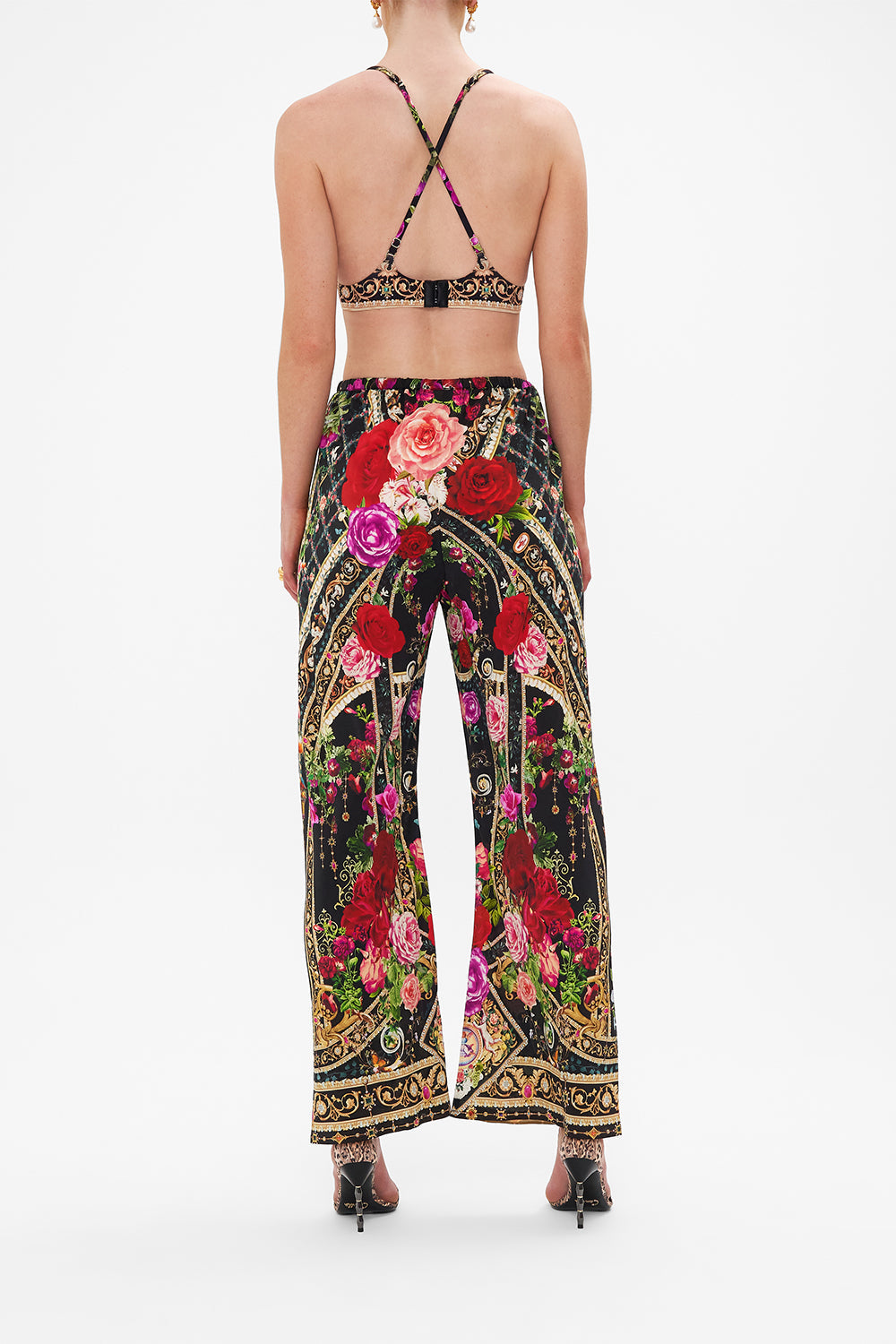 Back view of model wearing CAMILLA long sarong in Season Of The Siren print 