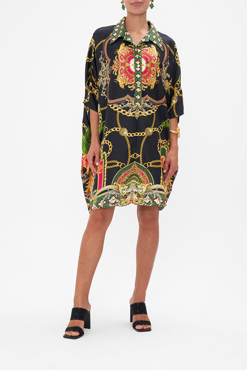 Front view of model wearing CAMILLA silk kaftan in Jealousy And Jewels  print