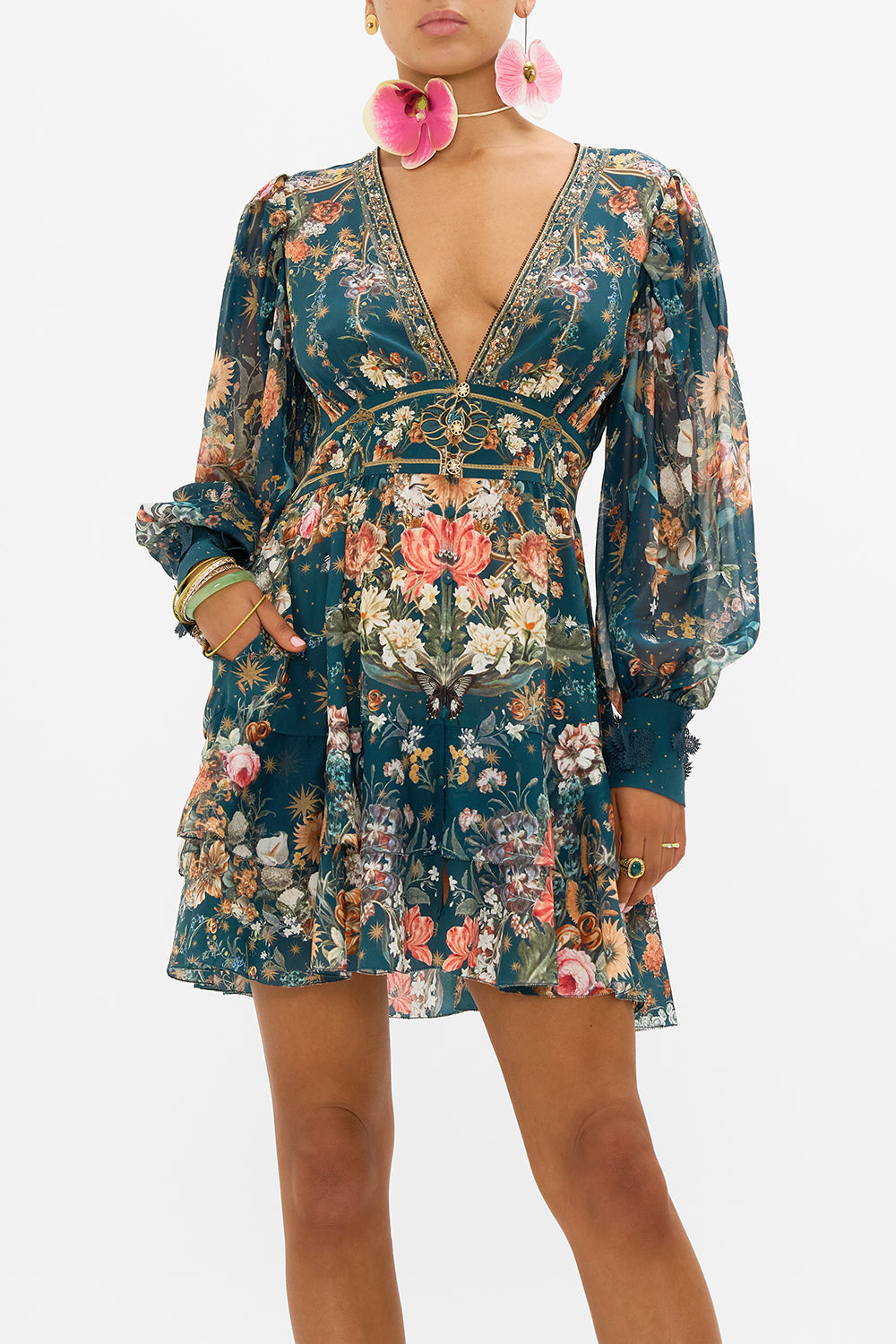CAMILLA silk frill dress in She Who Wears The Crown print