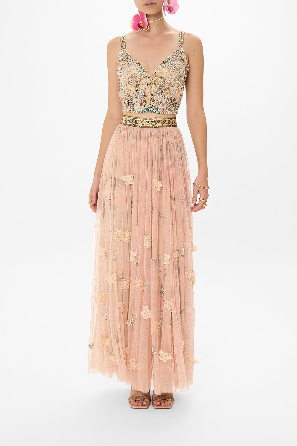 CAMILLA tulle maxi skirt in Rose Garden Revolution print