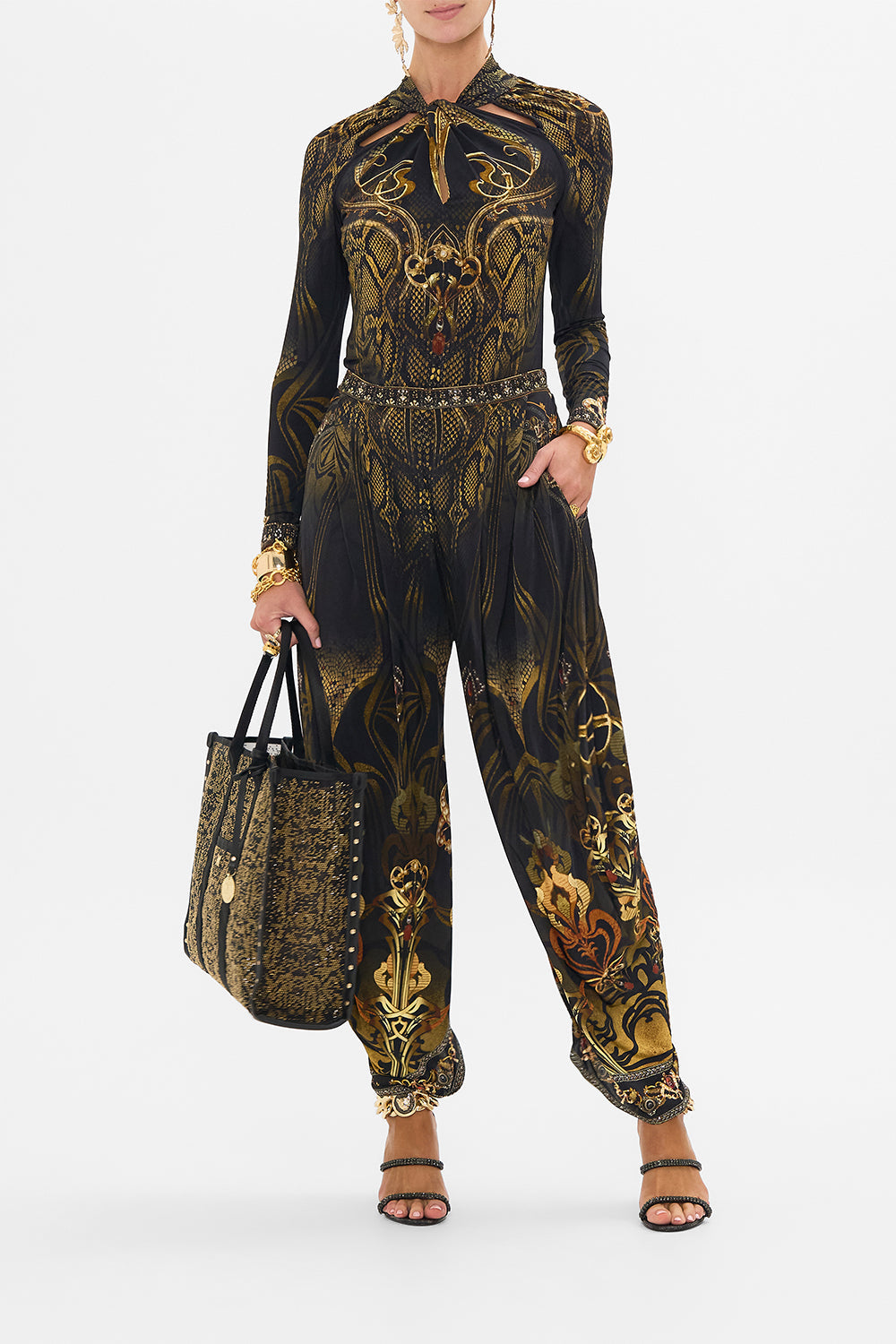 CAMILLA jersey cut out top in Nouveau Noir print